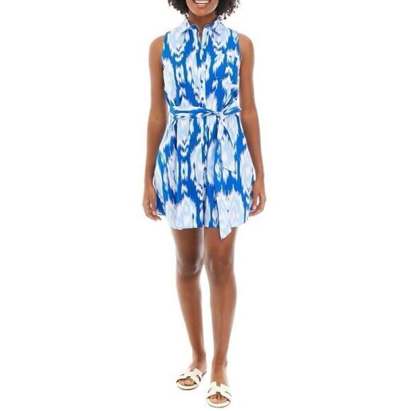 Crown & Ivy Womens L Tie Waist Boyfriend Dress Blue Ikat Print Sleeveless Summer - Picture 1 of 9